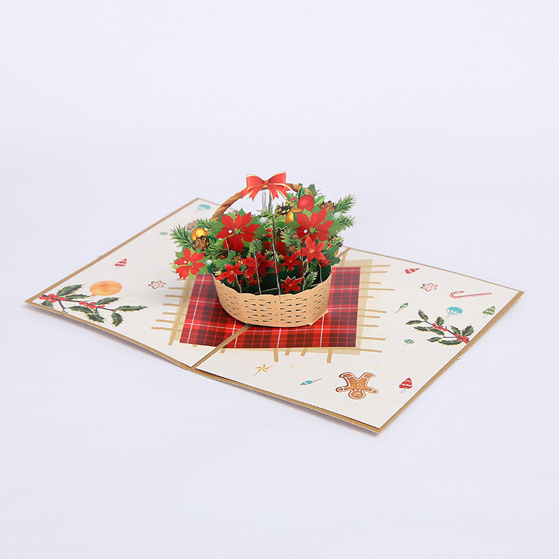 New 3D Christmas Card Handmade Paper Carved Basket Gift Holiday Greeting