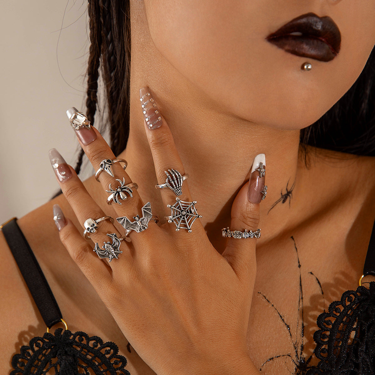Halloween Dark Skull Vintage Ring Punk Spider Snake Set