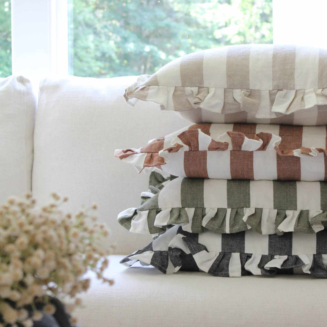 Tan Ruffled Cabana Stripe Pillow Cover