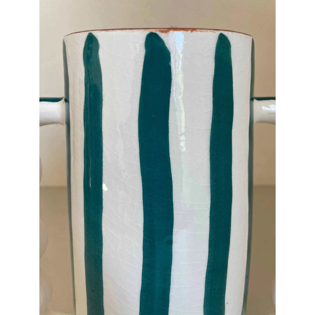 Fir Green and White Striped Abstract Ceramic Vase