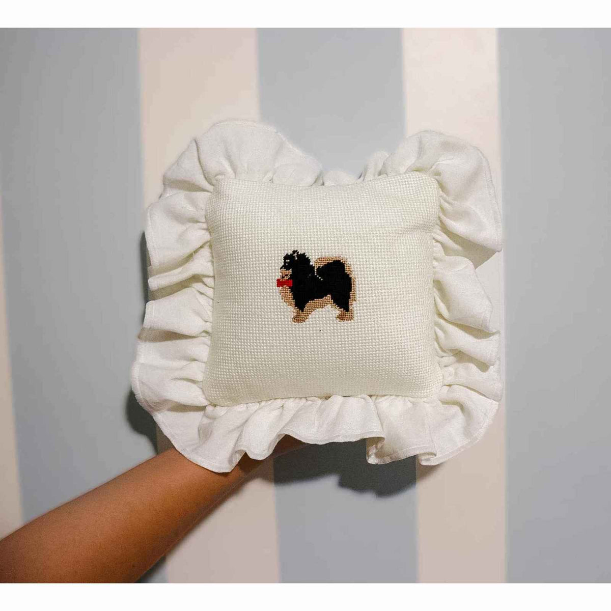Ruffled Pomeranian Needlepoint Pillow 10¡± White