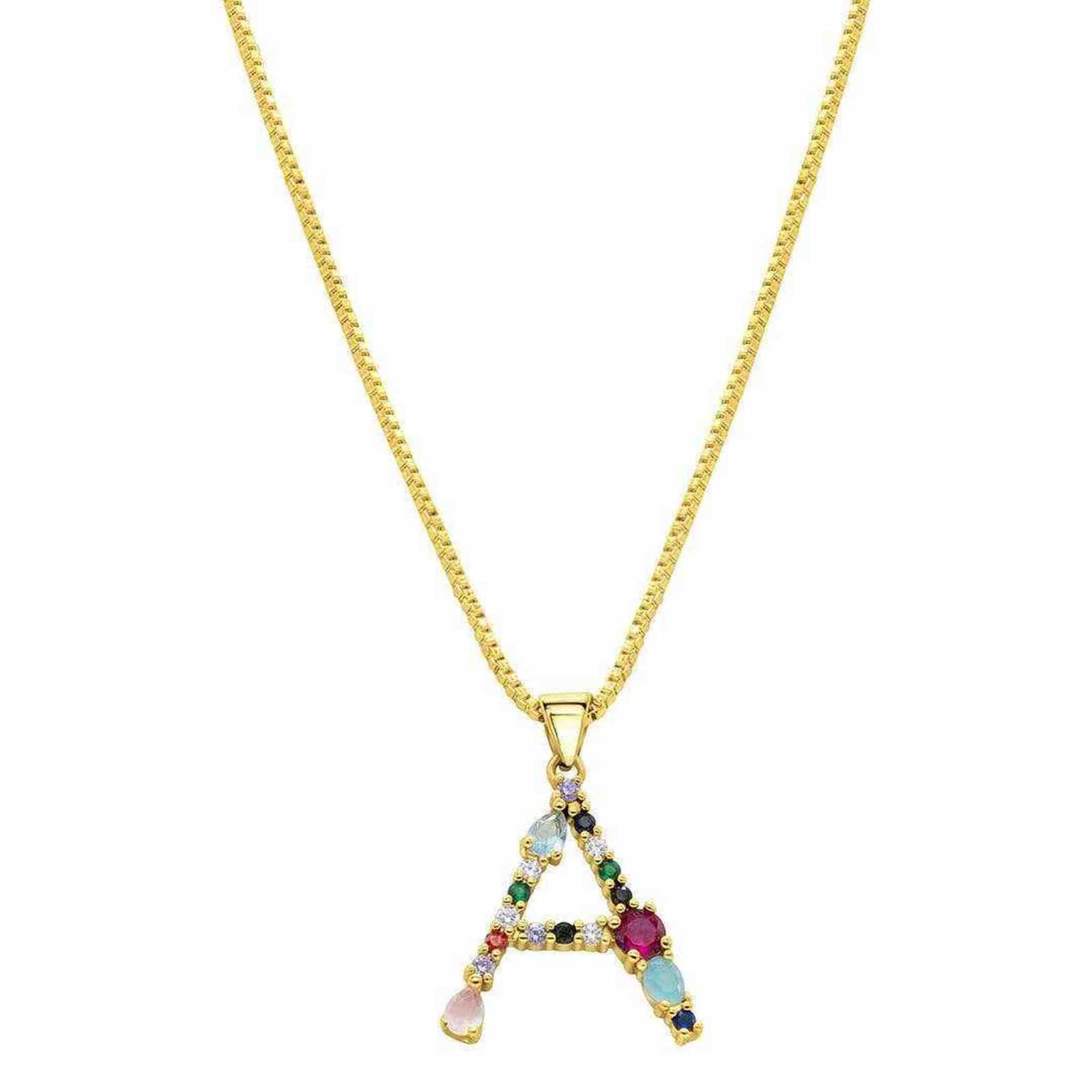 14K Gold Plated Multi Color Stone Initial A Necklace
