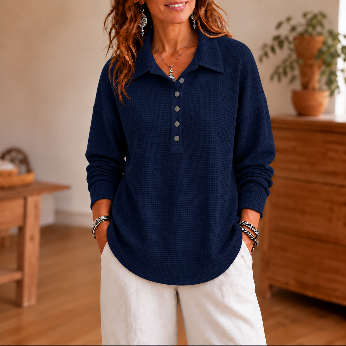 Wearbella – Waffle-Knit Collared Button-Neck Pullover