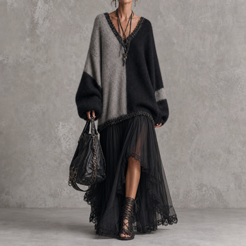 Vellora – Color-Block Knit Bodice Mesh Skirt Dress