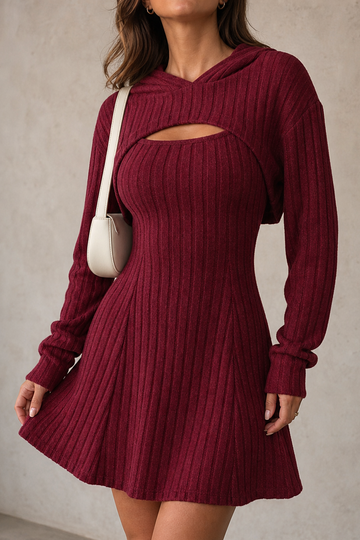 Rivienne – Hooded Bolero And Ribbed Mini Dress Set