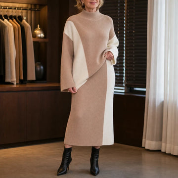 Vellora – Contrast Panel Sweater And Skirt Set