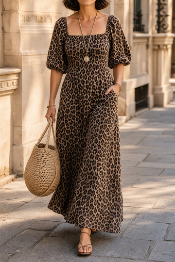 Wearbella – Coffee Leopard Square Neck Maxi Dress