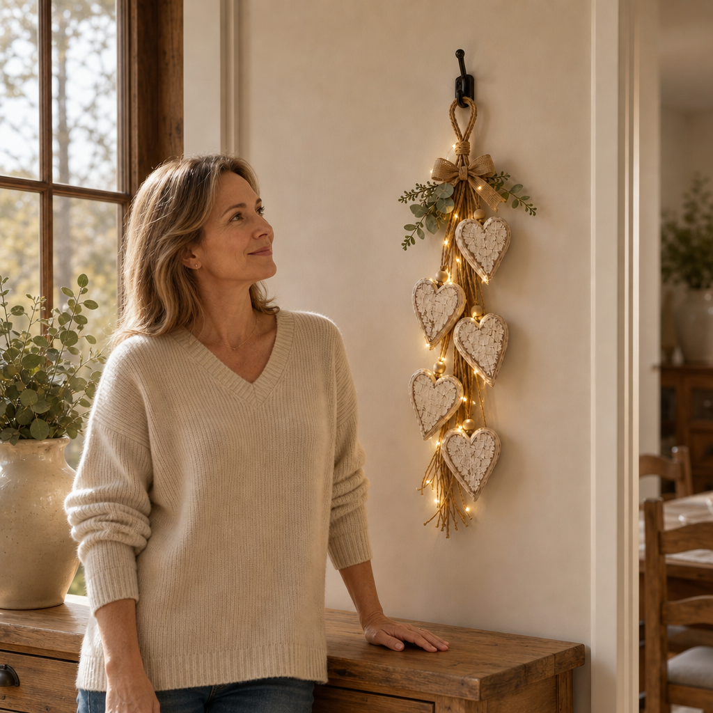 Hearth & Heart – Rustic Beaded Five-Heart Wall Hanging