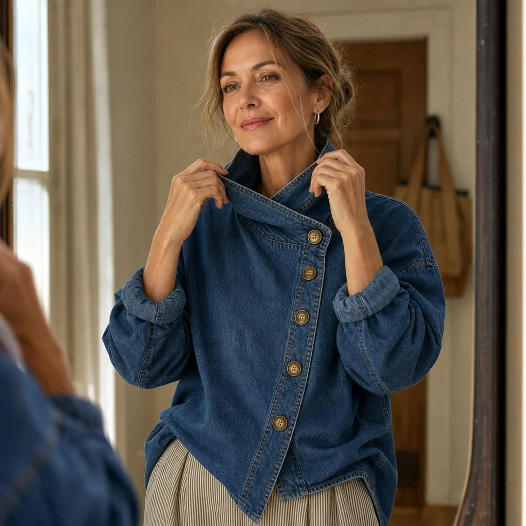 Angled Denim – Asymmetric Button Stand-Collar Denim-Look Jacket