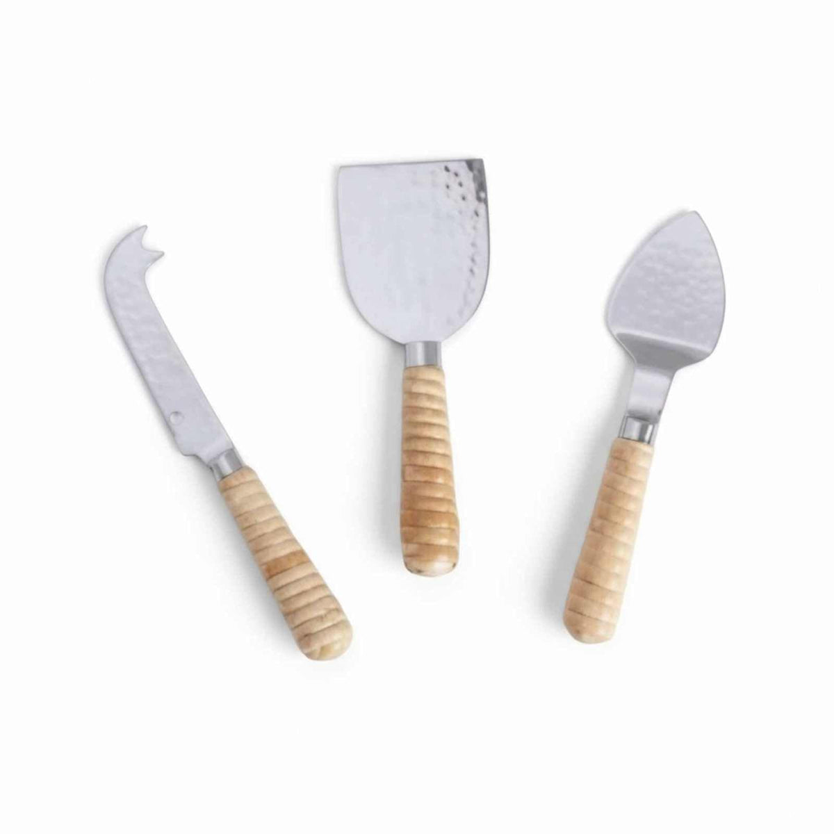Set of 3 Rattan Wrapped Cheese Knives - Stainless Steel Cheese Slicer Set with Chisel, Forked Tip, and Bell Knife for Soft, Semi-Hard, and Hard Cheeses - Elegant Gift Box Included