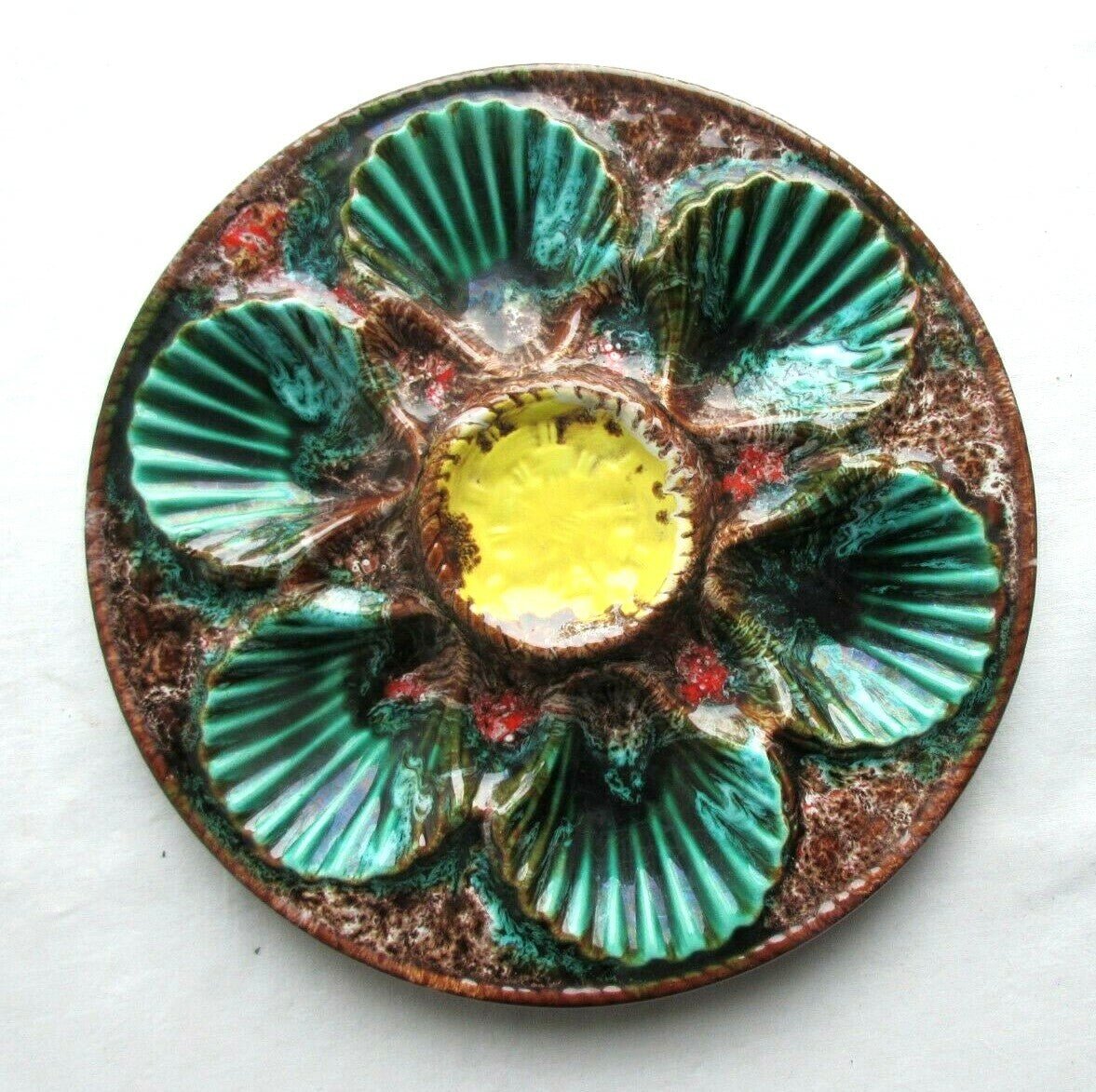 Vintage French Majolica Oyster Plate ¡¤ Vallauris ¡¤ Green Shells & Yellow Sauce Well