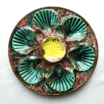 Vintage French Majolica Oyster Plate ¡¤ Vallauris ¡¤ Green Shells & Yellow Sauce Well