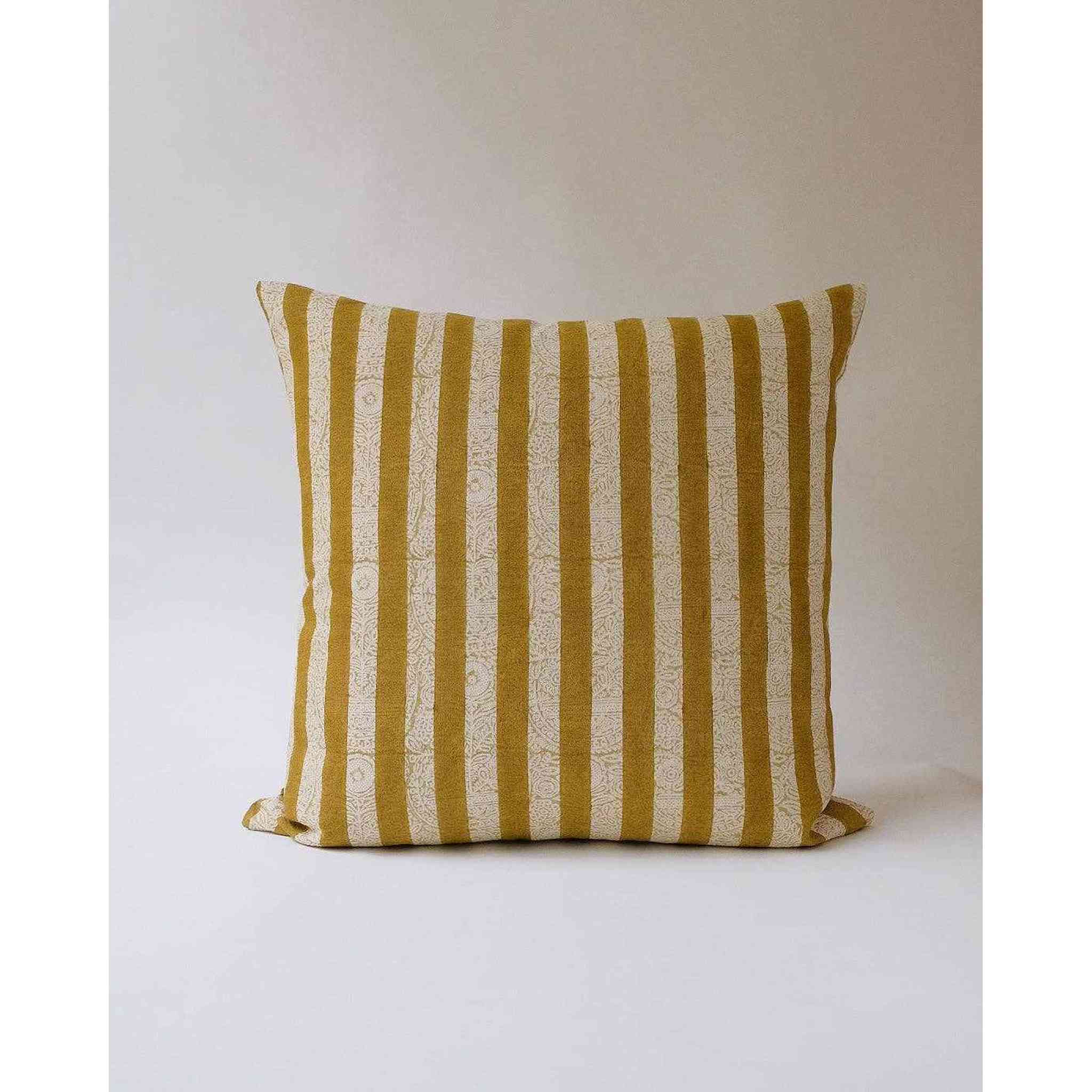 A khaki sage linen pillowcase with a striped hand-block print.