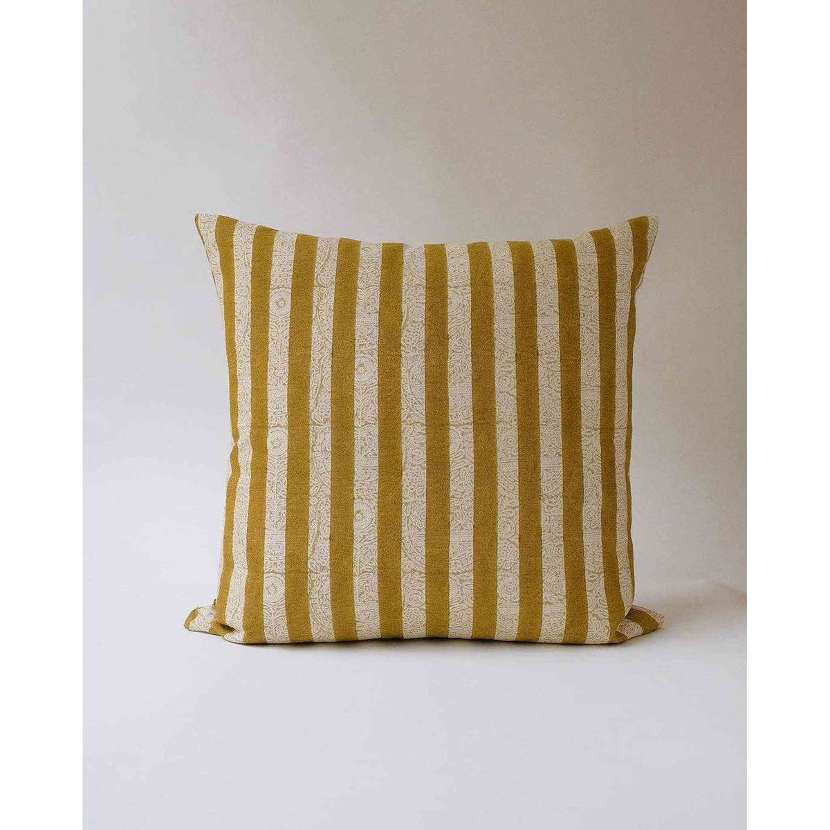 A khaki sage linen pillowcase with a striped hand-block print.