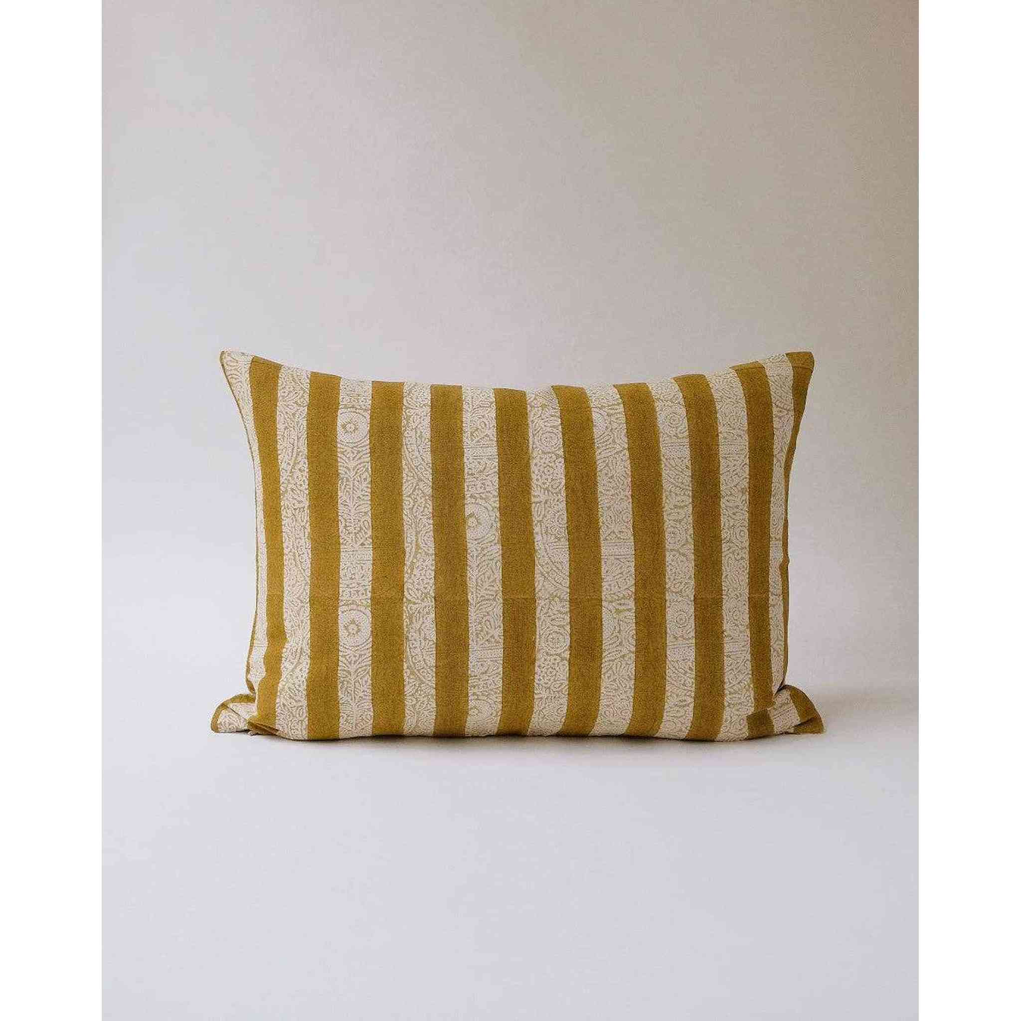 A khaki sage linen pillowcase with a striped hand-block print.