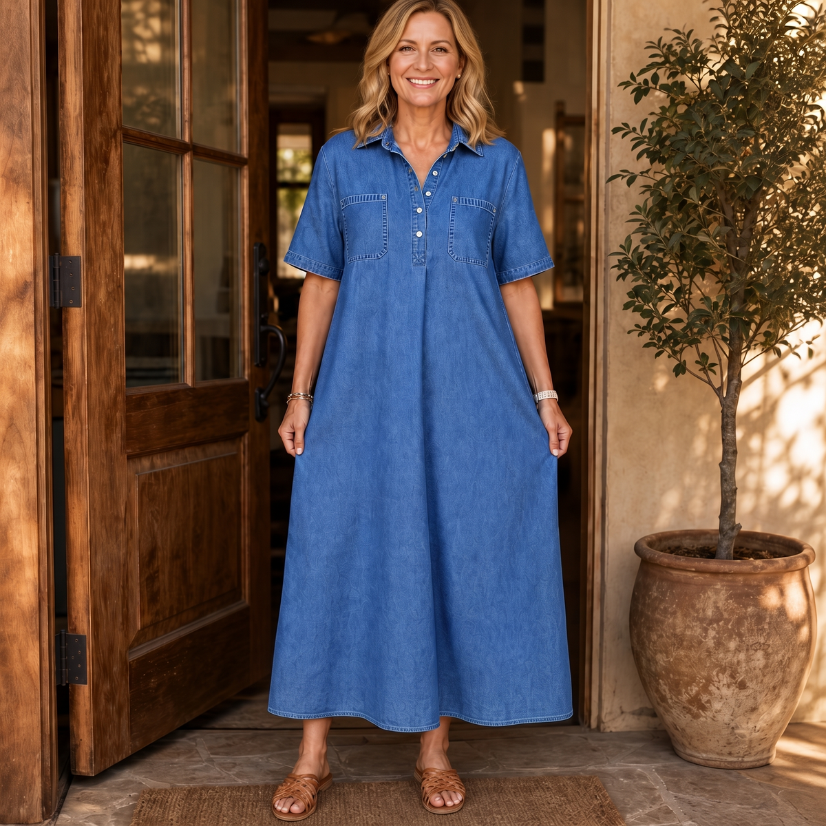 Easewell – Lightweight Denim-Look Midi Shirt Dress