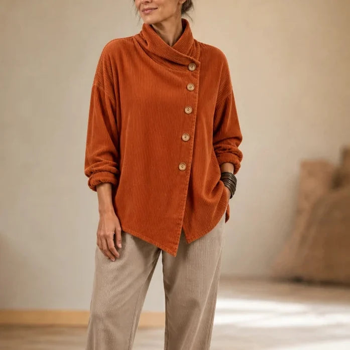 Everlayer – Draped Neck Asymmetrical Button-Front Top