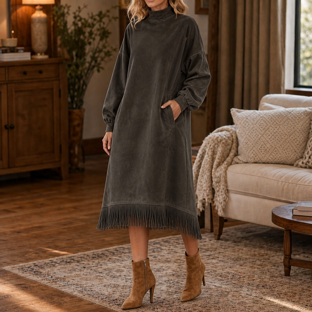 Tasselina – High-Neck Faux-Suede Tassel-Hem Dress