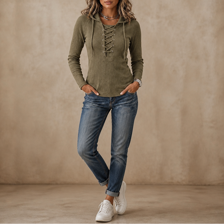 Lacevie – Ribbed Knit Lace-Up Front Hoodie, Long Sleeve Pullover For Women