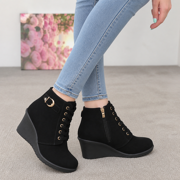 Wearluxe – Buckle-Strap Concealed Wedge Ankle Boots