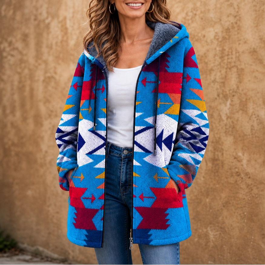 Patchwork & Poise – Geometric Color-Block Hooded Jacket