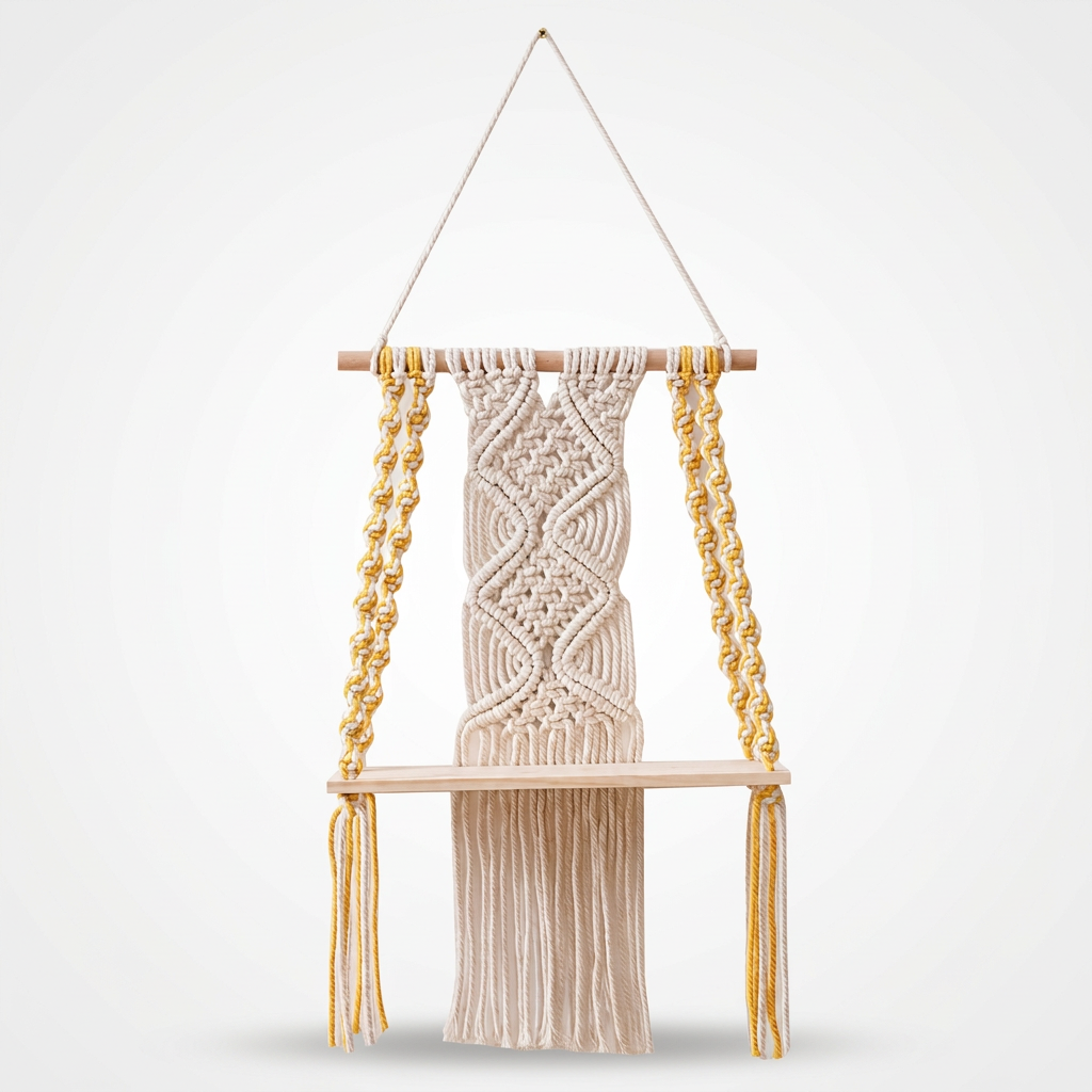 Woven Haven – Macramé Diamond Pattern Wooden Wall Shelf