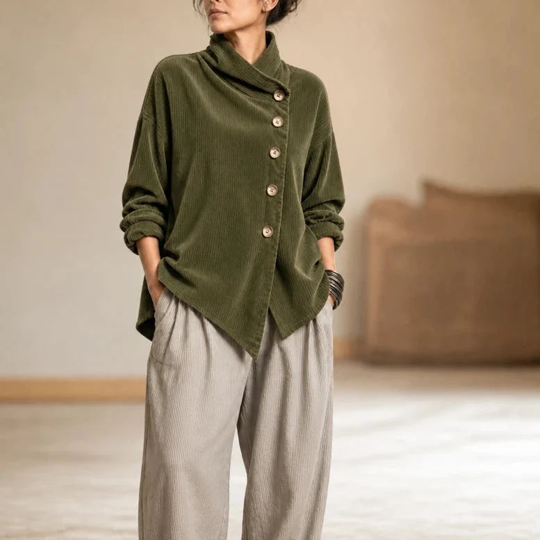 Everlayer – Draped Neck Asymmetrical Button-Front Top