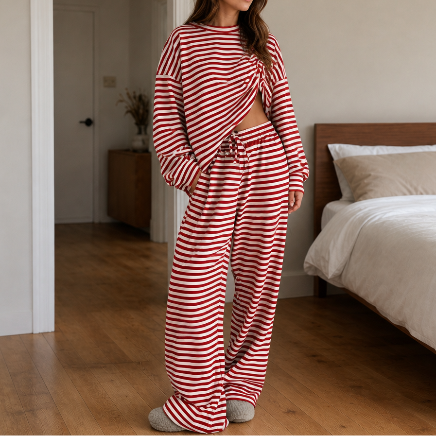 Stripe & Ease – Striped Top And Drawstring Wide-Leg Pants Set