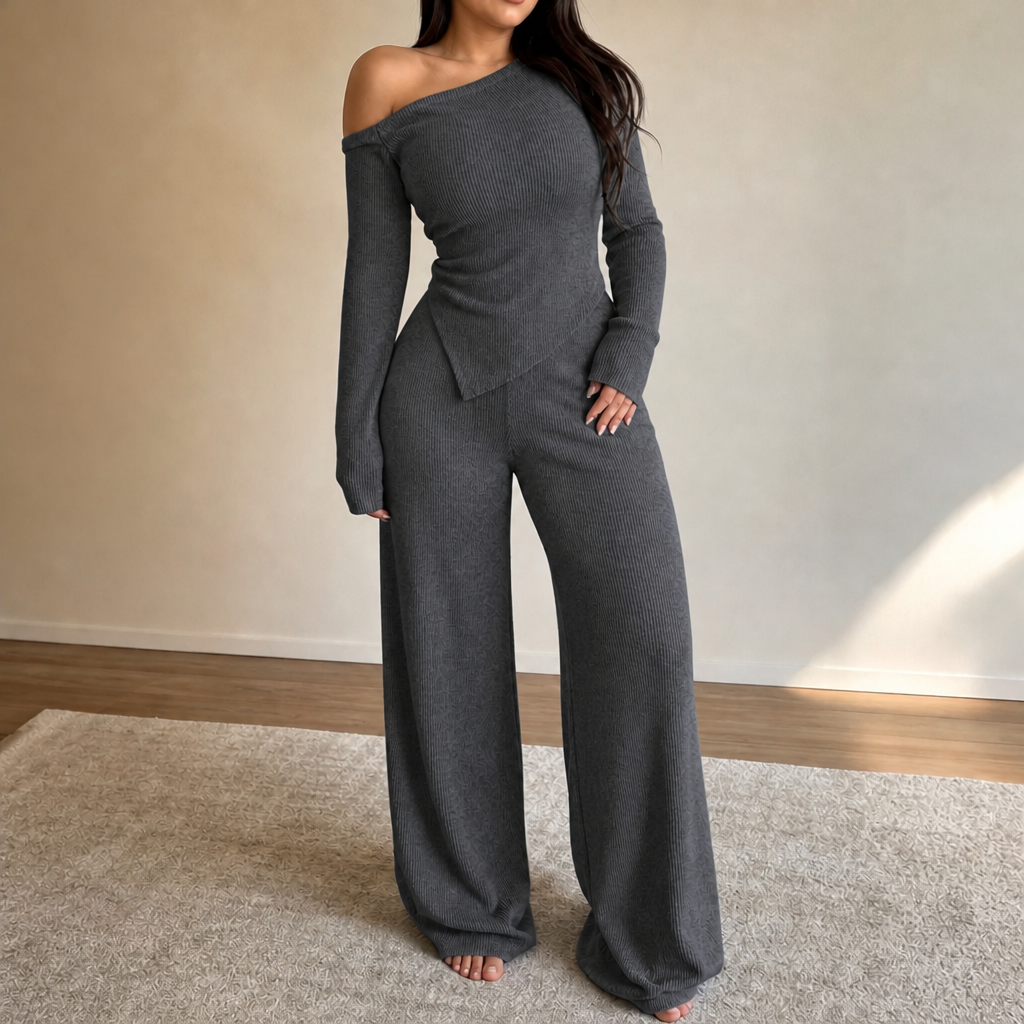 Wearbella – Off-Shoulder Ribbed Knit Top And Wide-Leg Pants Set