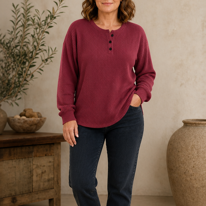 Wearla – Ribbed Waffle Knit Henley Top