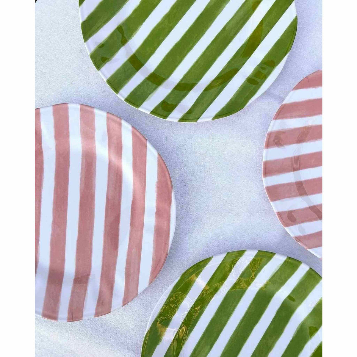 Set of 4 Green and Pink Striped Melamine Dinner Plates