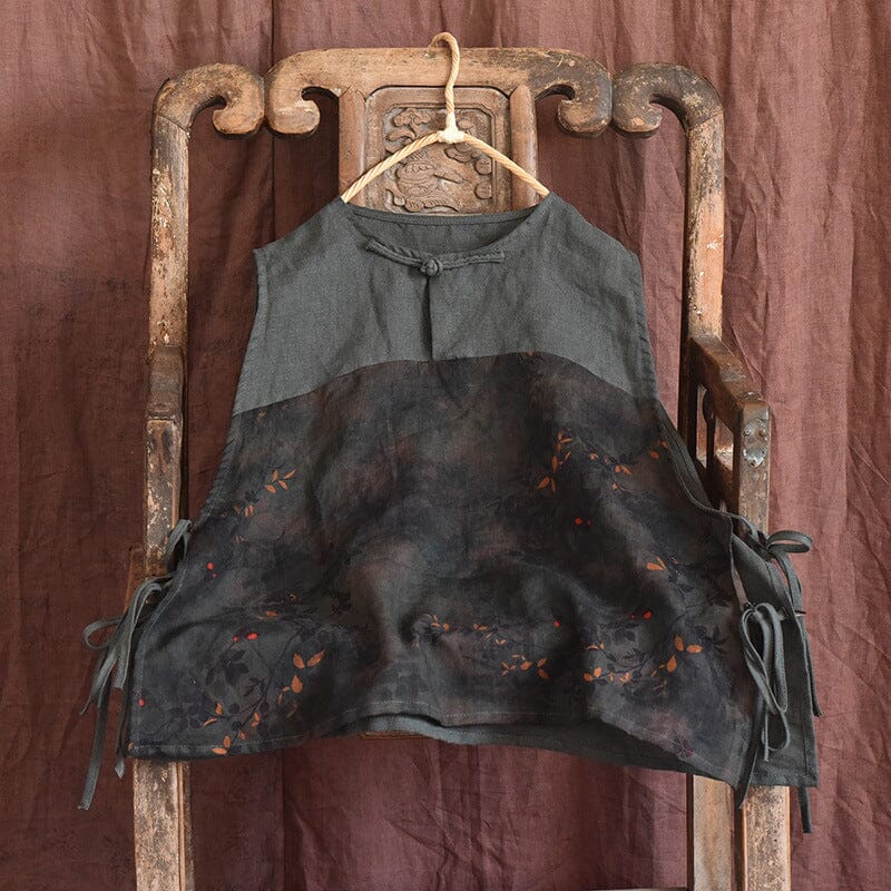 Women Retro Printed Patchwork Linen Vest